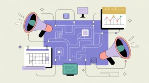 Illustration of fundraising campaign blueprint with multi-channel icons and rising revenue chart