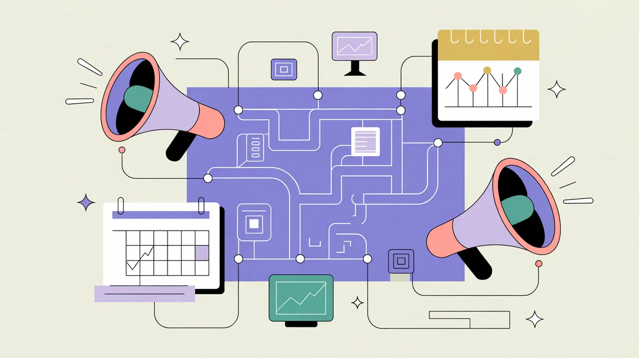 Illustration of fundraising campaign blueprint with multi-channel icons and rising revenue chart