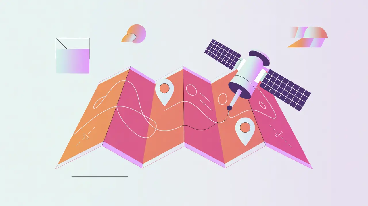 Digital map with satellite and location icons in pink and white