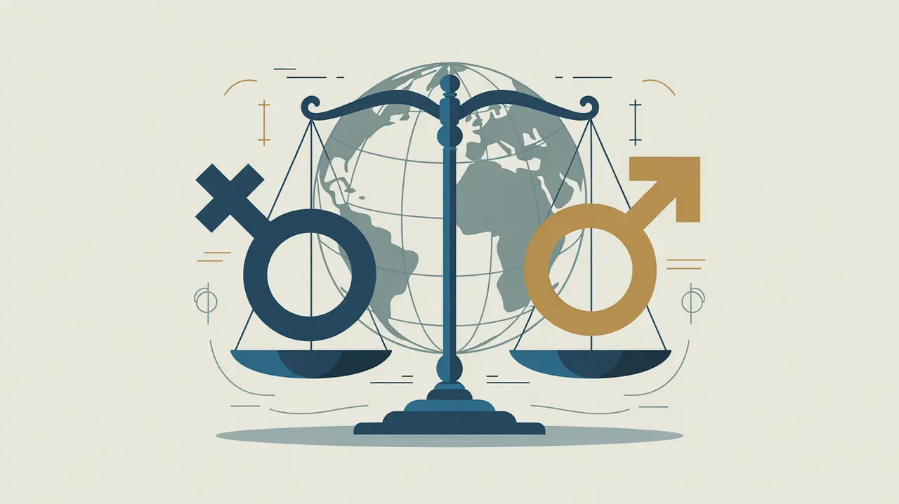 Illustration of gender equality scales with abstract gender symbols and globe background