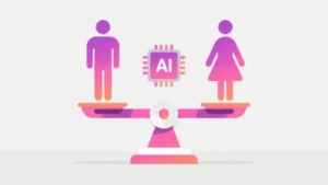 Male and female icons balanced on scale with AI chip symbolizing gender equity