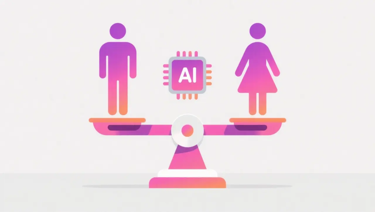 Male and female icons balanced on scale with AI chip symbolizing gender equity
