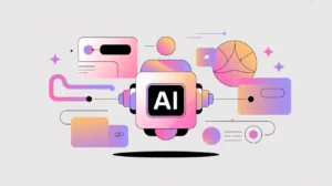 AI node generating text image and music icons with geometric accents