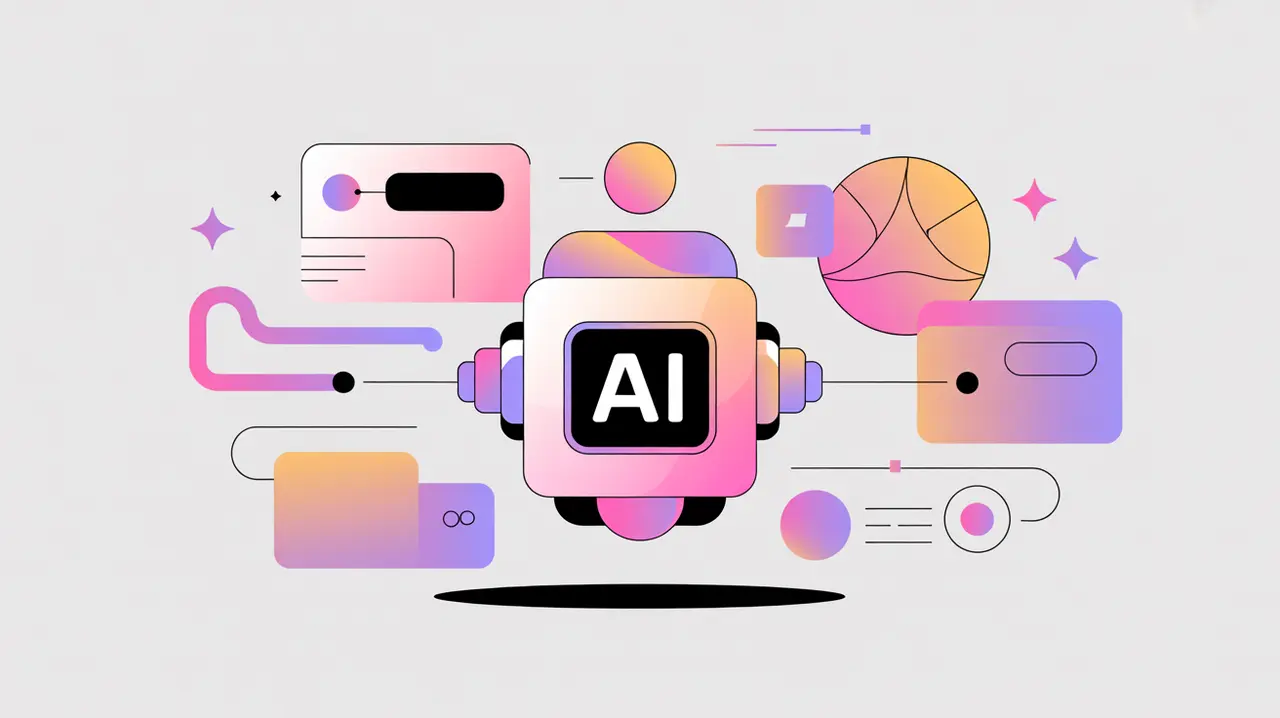 AI node generating text image and music icons with geometric accents