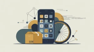 Smartphone with app icons delivery box bicycle wheel network nodes