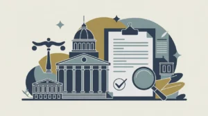 Illustration of government building, document with checkmark, magnifying glass, and scales of justice