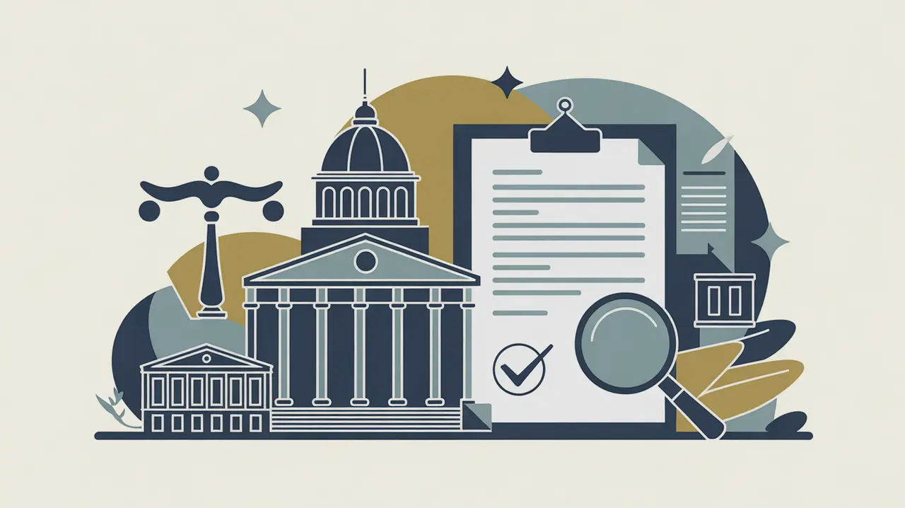 Illustration of government building, document with checkmark, magnifying glass, and scales of justice
