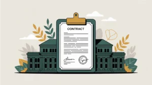 Stylized government building behind signed contract on planning board