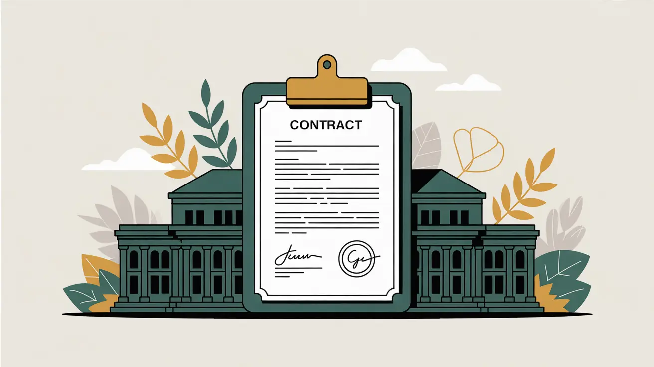 Stylized government building behind signed contract on planning board