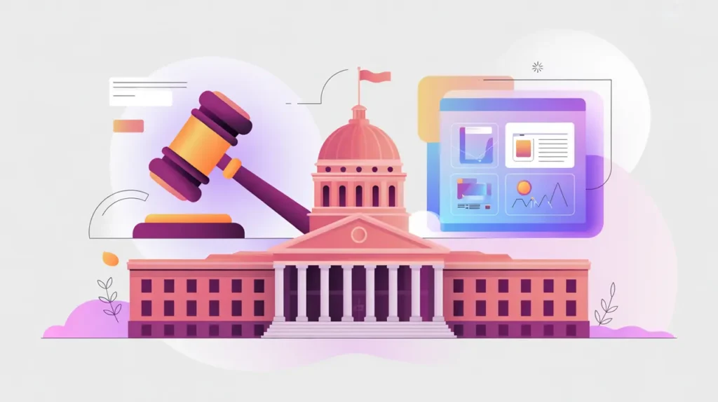 Government building with AI dashboard and regulation gavel overlays