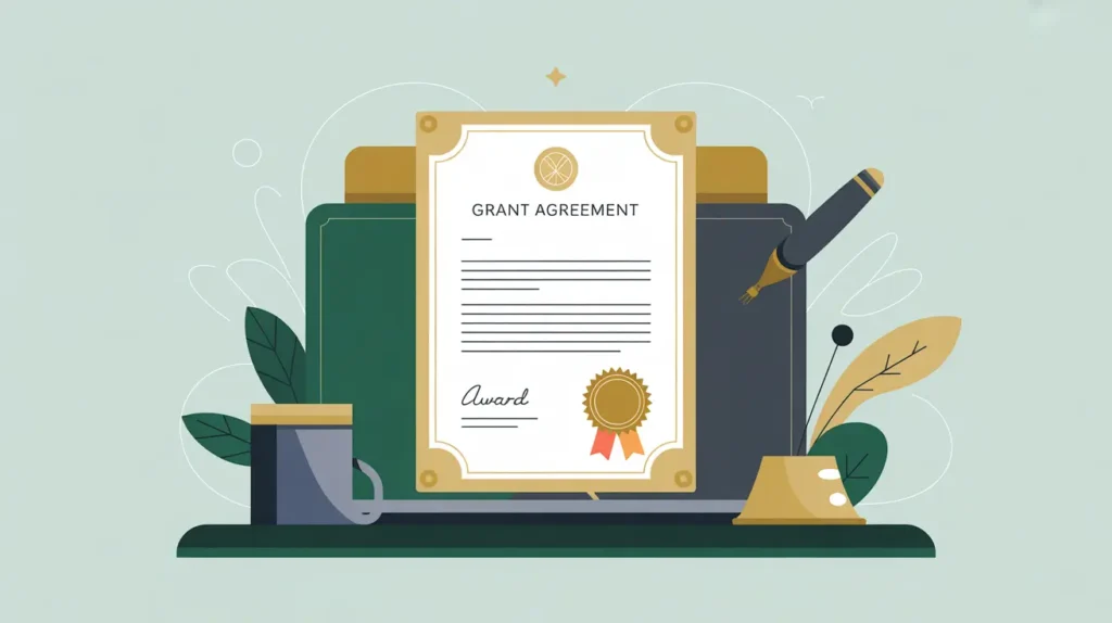 Glowing signed grant agreement with seal on desk