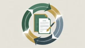 Circular cycle of glowing arrows around grant documents