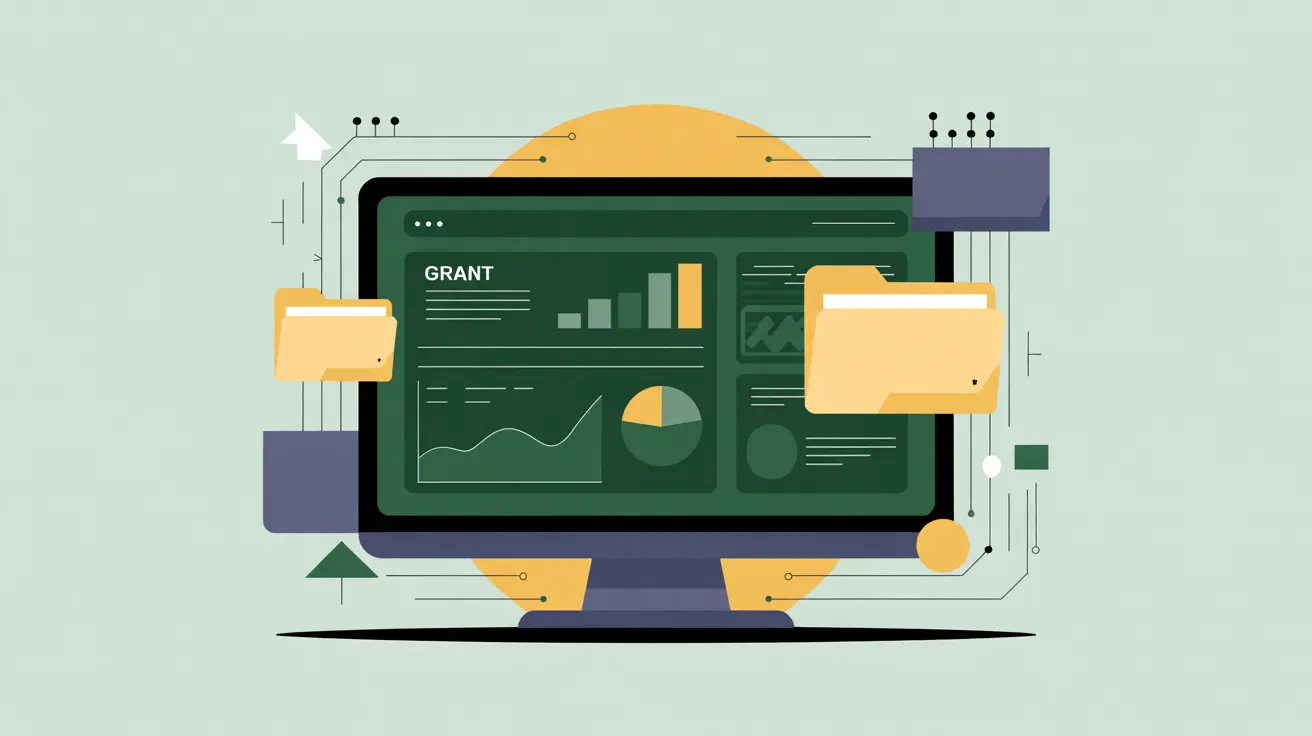 Glowing computer screen displaying grant dashboard with graphs and folders