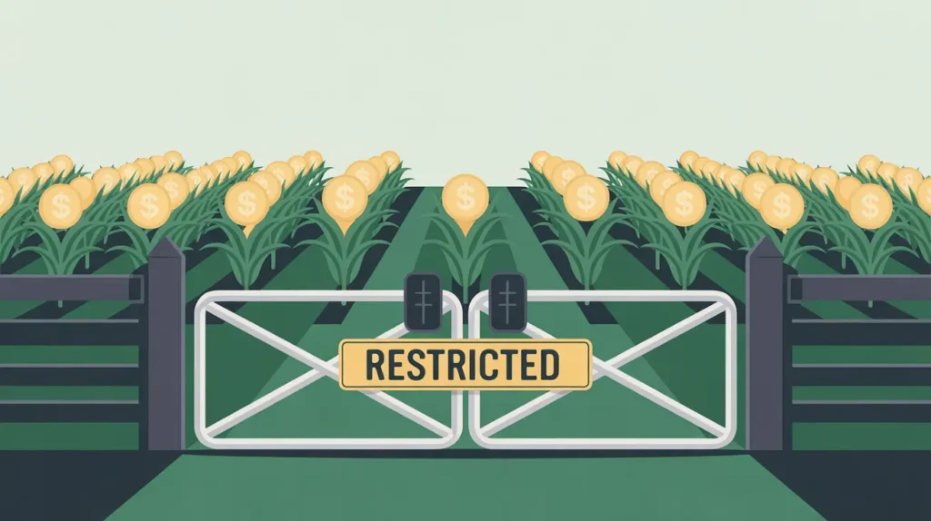 locked farm gate marked restricted with corn field yielding dollar signs