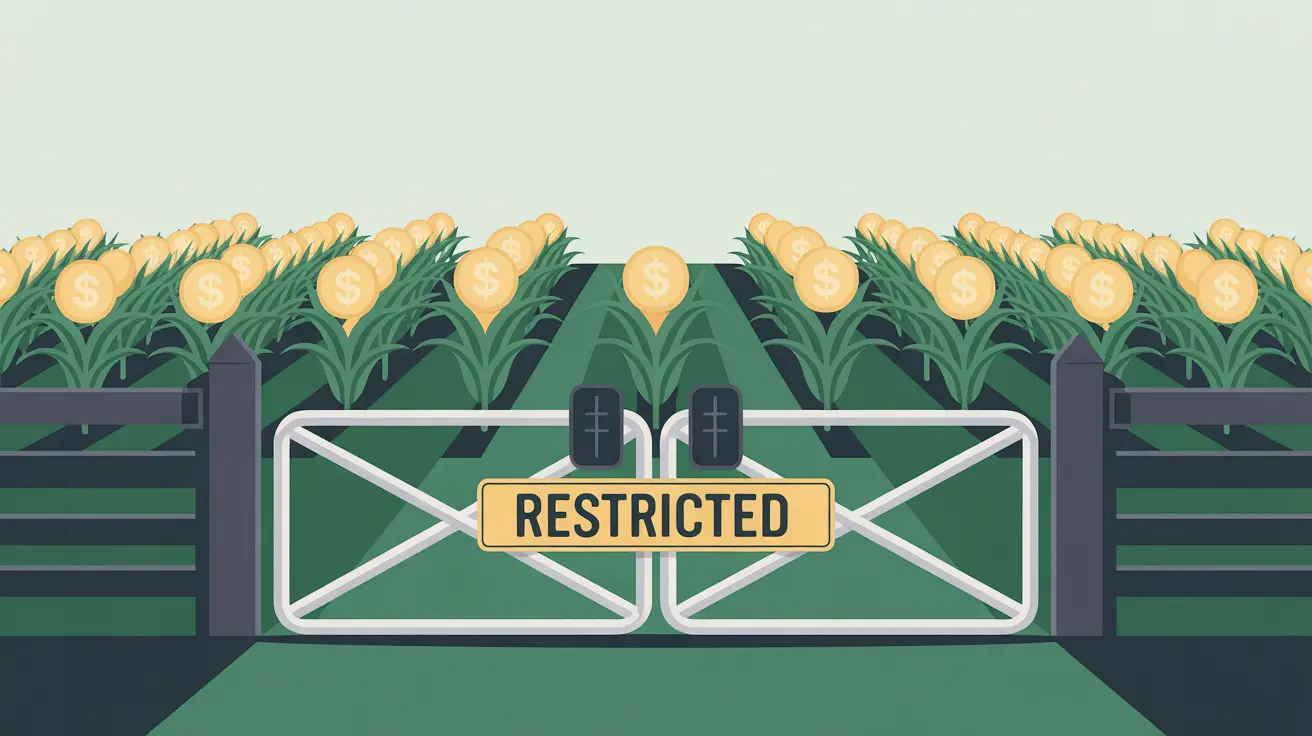 locked farm gate marked restricted with corn field yielding dollar signs