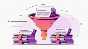 Stack of grant applications passing through a filter funnel into sorted piles