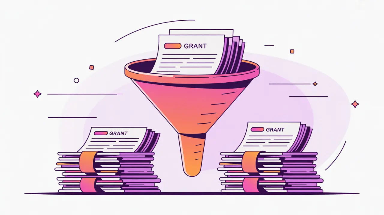 Stack of grant applications passing through a filter funnel into sorted piles