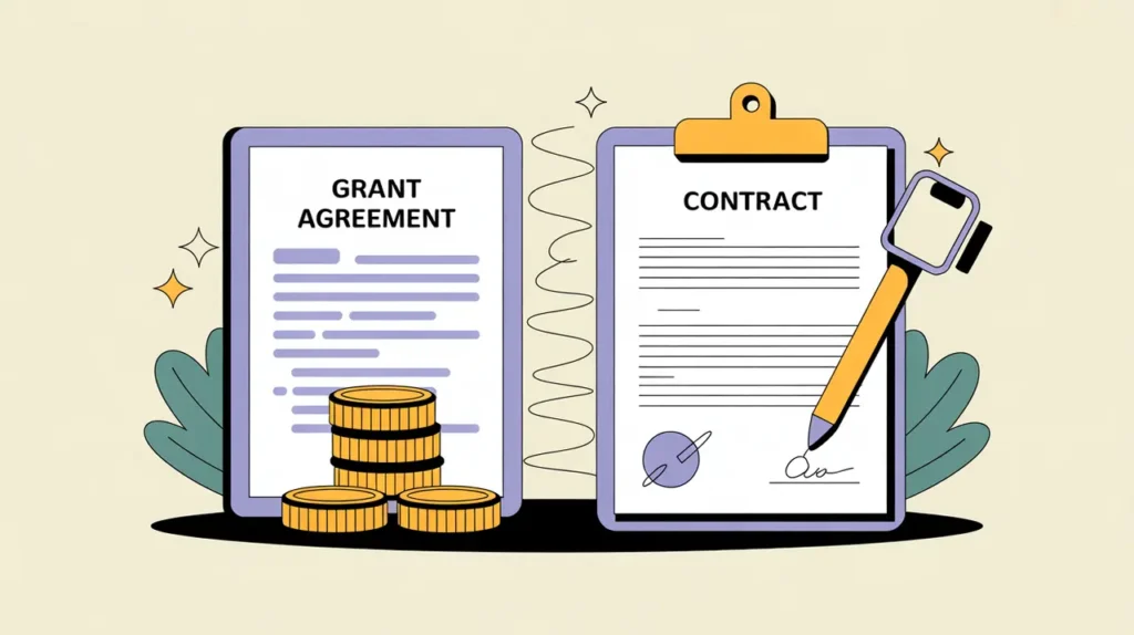 Illustration of grant and contract documents with funding and tools symbols