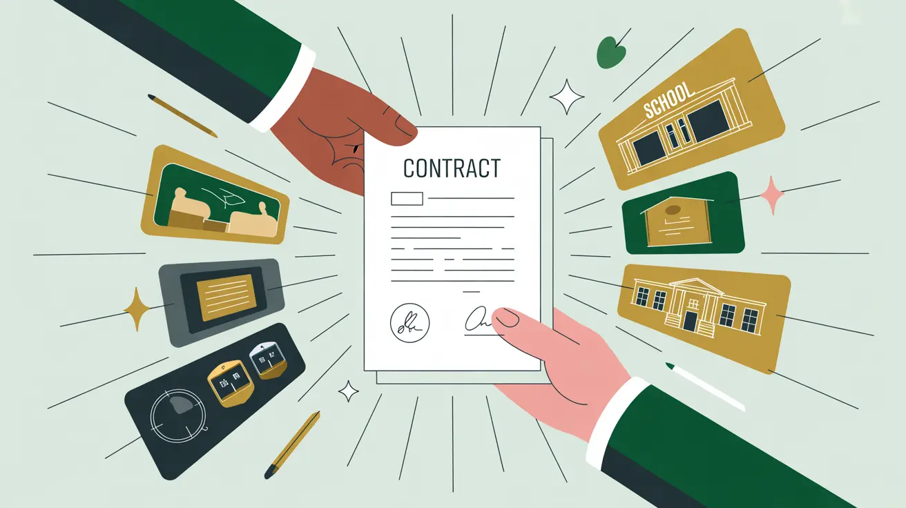 Two hands exchanging signed contract with program icons radiating outward