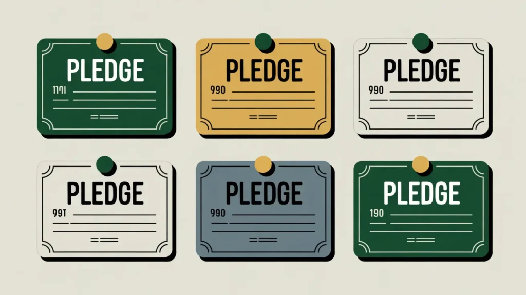 Signed pledge cards pinned to corkboard with ribbons