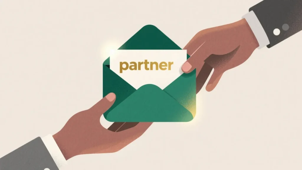 Two hands exchanging glowing grant envelope labeled partner