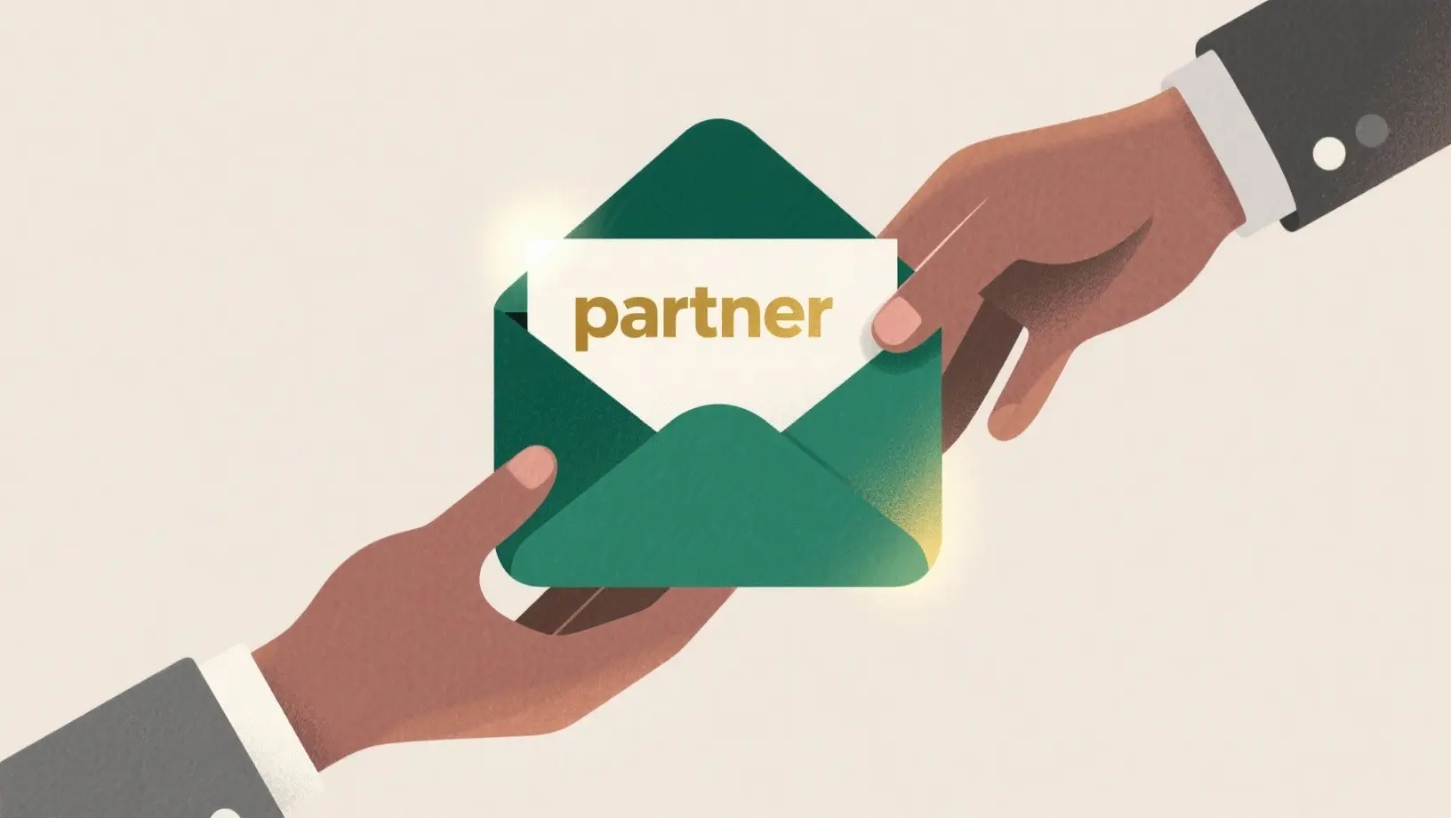 Two hands exchanging glowing grant envelope labeled partner