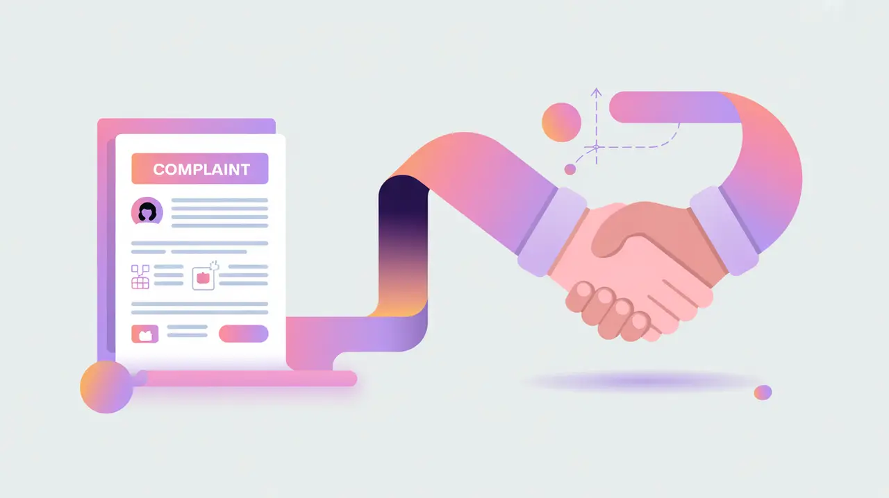 Complaint form resolution path ending in handshake icon