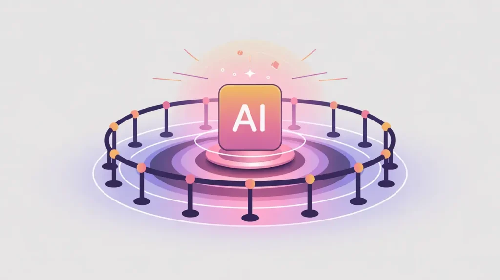 Glowing AI node surrounded by protective guardrails in flat vector style