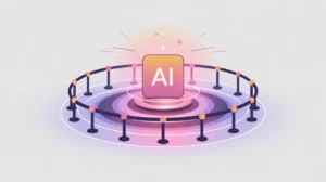 Glowing AI node surrounded by protective guardrails in flat vector style