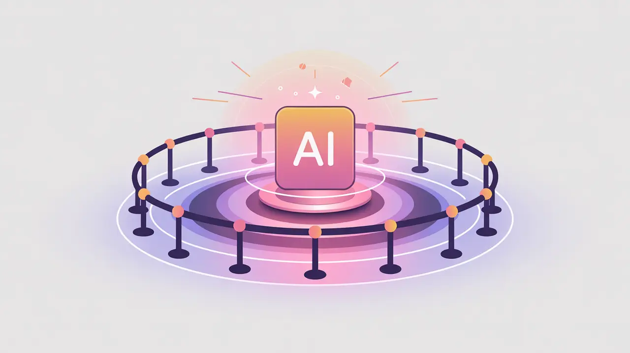 Glowing AI node surrounded by protective guardrails in flat vector style