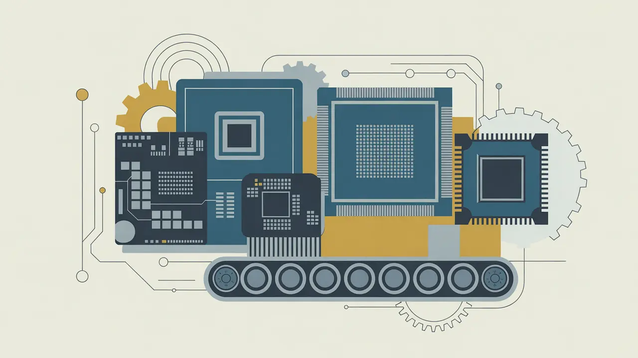 Illustration of computer chips circuit board factory conveyor with electronic components