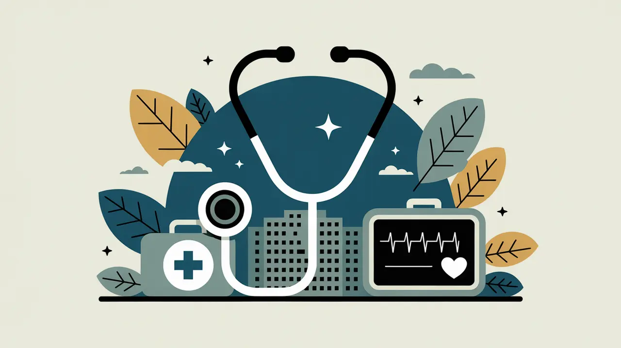 Stethoscope medical kit heart monitor hospital building and trees
