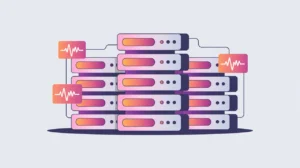 Cluster of servers with redundancy and heartbeat signals representing high availability and fault tolerance