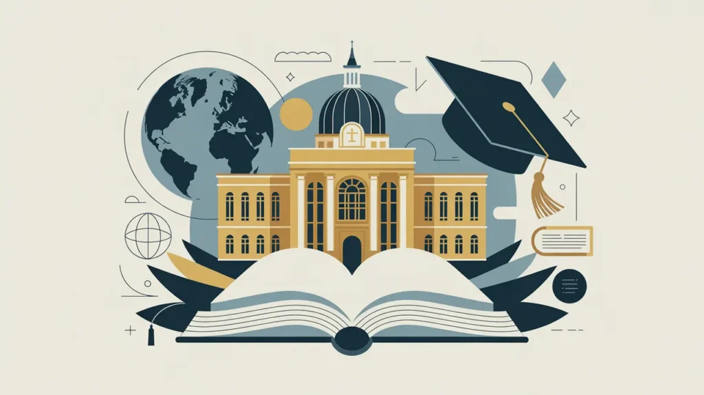 Illustration of university building, open book, graduation cap, and digital learning icons