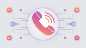 Ringing hotline phone icon with automated routing lines and geometric accents