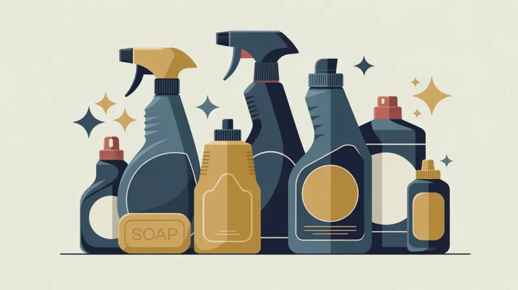 Collage of cleaning spray bottles detergent boxes and soap bars with abstract sparkle and droplet icons