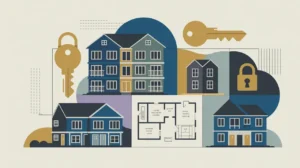 Illustration of residential houses, apartment blocks, and floor plan with key and lock icons