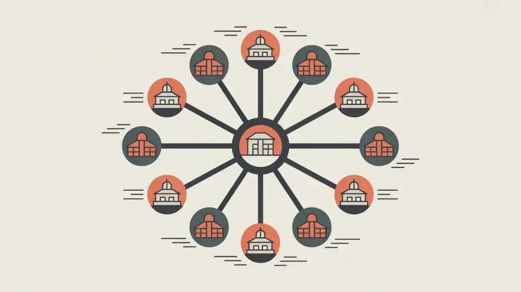 Diagram illustrating hub-and-spoke model with central hub and multiple spokes