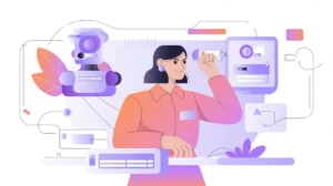Worker independently adjusting AI system outputs symbolizing human autonomy
