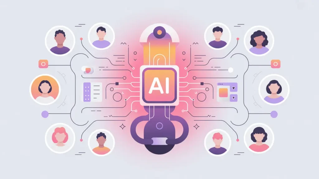 Glowing AI system surrounded by user icons in pink and white