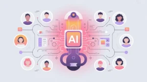 Glowing AI system surrounded by user icons in pink and white