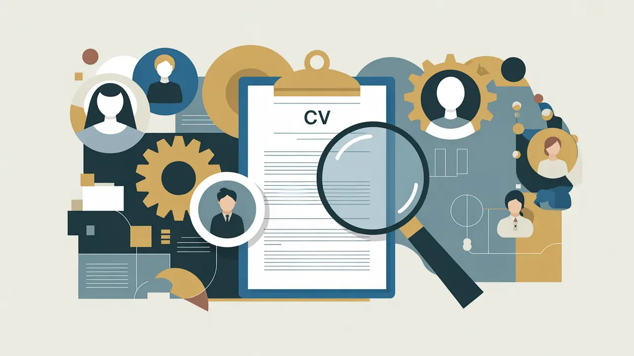 Flat modern illustration of clipboard with CVs magnifying glass and organizational charts
