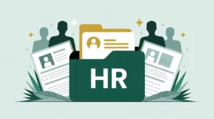 Illustration of glowing HR file with recruitment forms and staff silhouettes