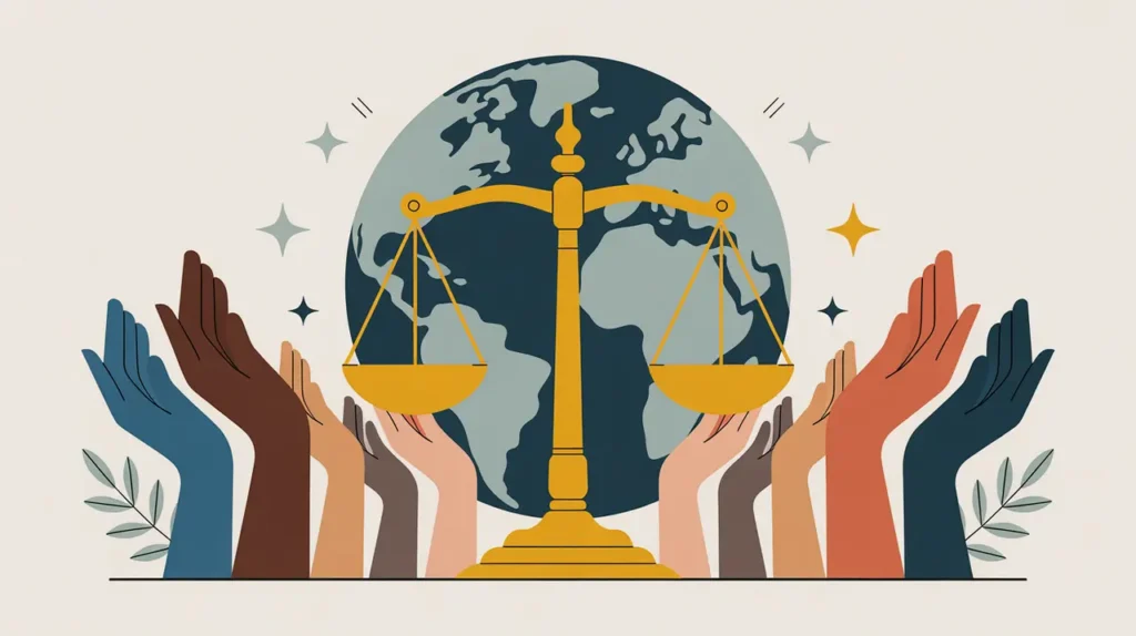 Raised diverse hands beside balanced scales of justice with globe background