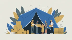 Relief tent with aid supplies and volunteers assisting a family