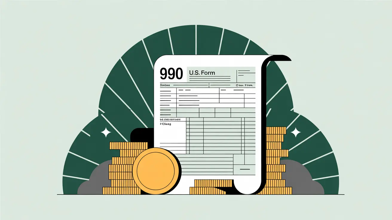 Illustration of glowing IRS Form 990 with coins in vector style
