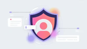 User profile icon with layered security shields in pink and white