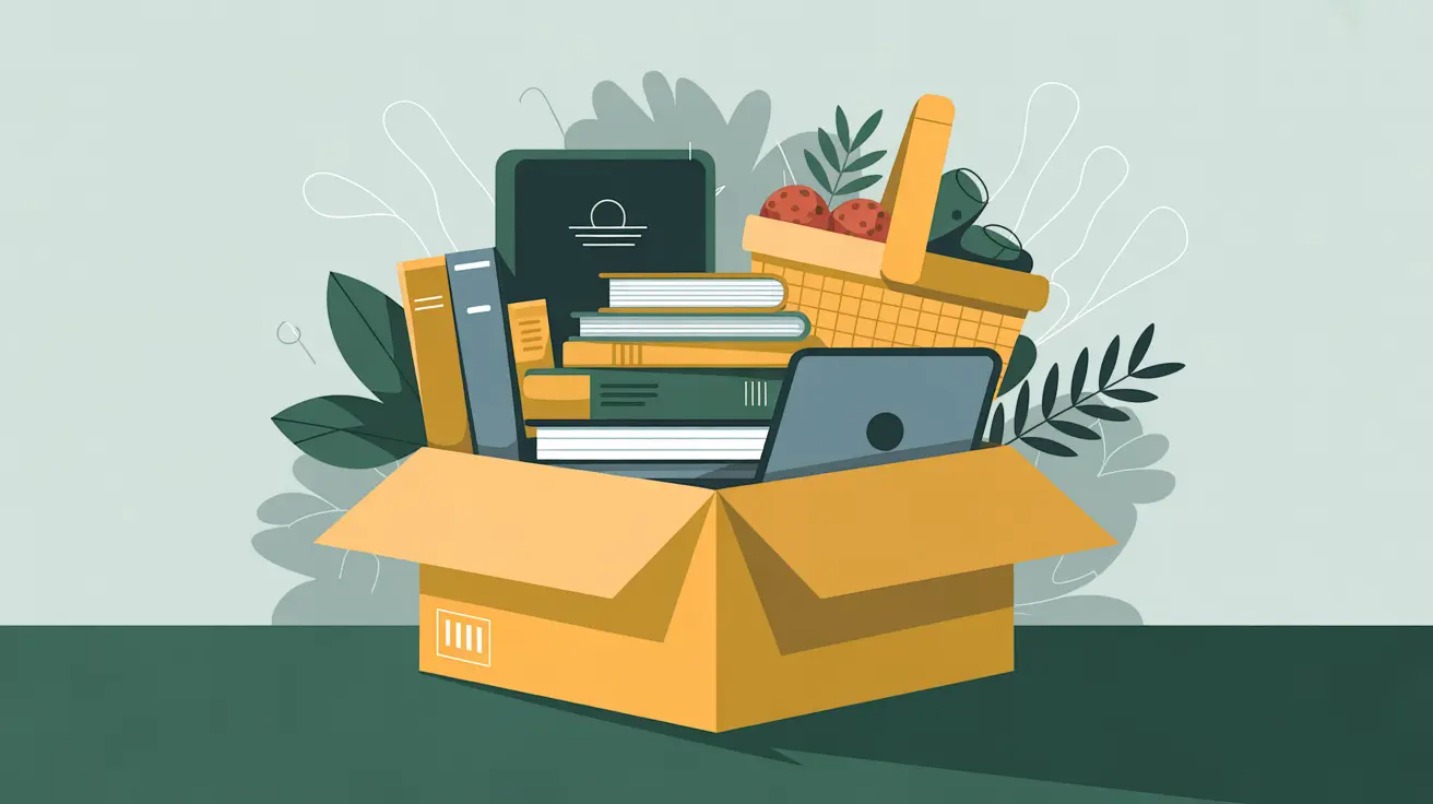 Open box with books laptops and food baskets representing non-cash donations