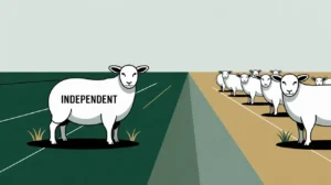 One white sheep labeled independent separated from group of sheep in field