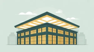 Stylized office building with glowing roof symbolizing overhead costs